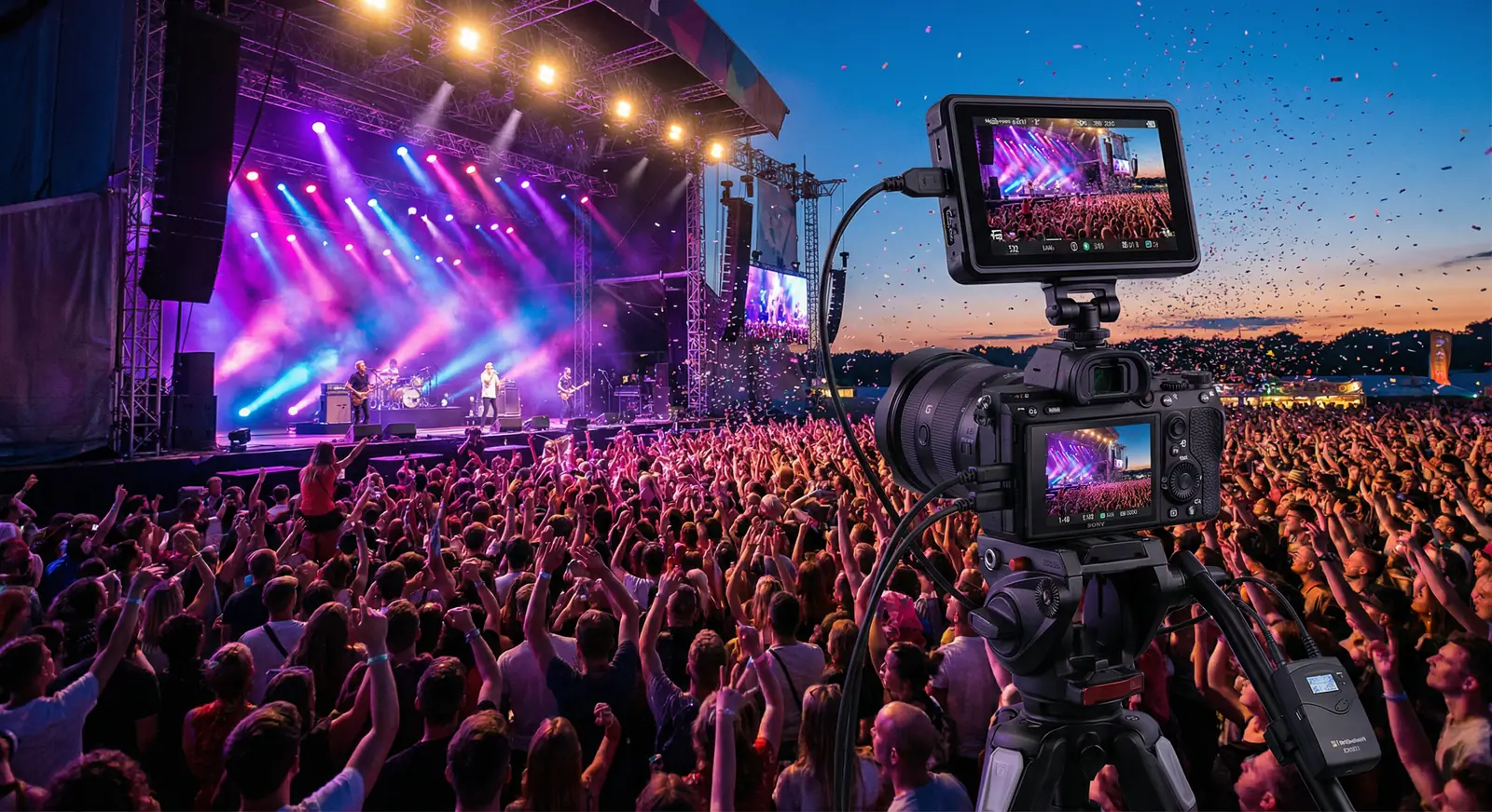A professional streaming camera capturing a music festival performance at dusk with a large crowd and colourful stage lighting