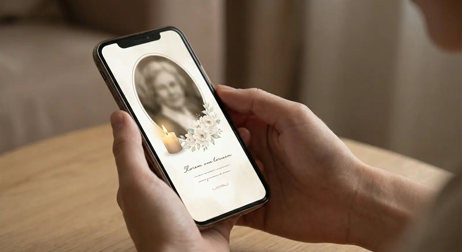 A person holding a smartphone displaying a beautifully designed digital memorial tribute page with a photo, candle and floral elements